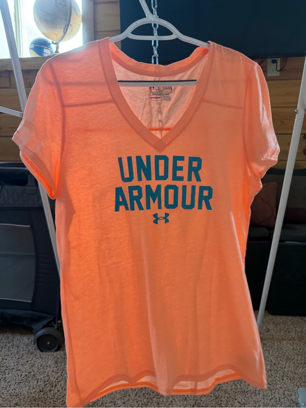 Under Armour Neon Coral V-Neck Tee with Teal Logo